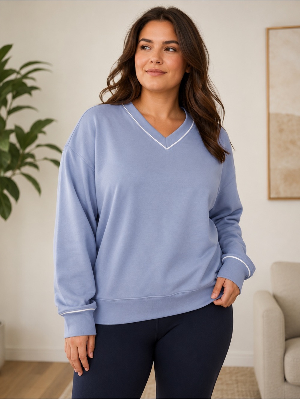 Express Light Blue V-Neck Sweatshirt with White Trim